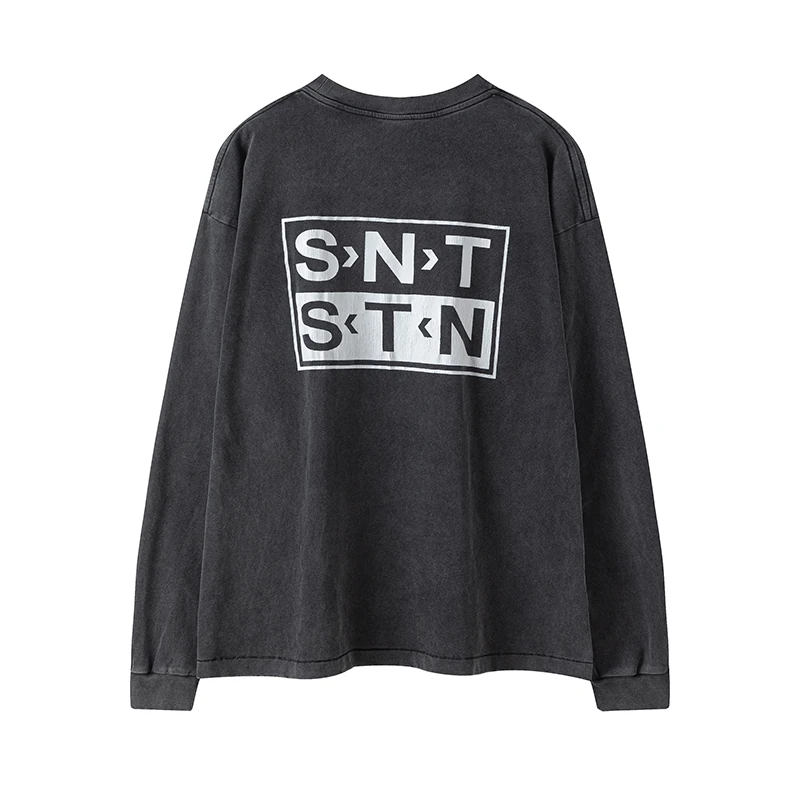 SAINT American Retro Classic Basic Style Cracked Letter Printed Long Sleeved T-shirt Autumn Streetwear Loose Hip-hop T-shirt