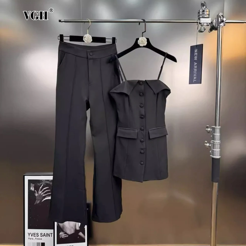 

VGH Office Two Piece Set for Women Square Collar Sleeveless Spliced Buttons Camisole High Waist Elegant Long Pant Suit Female