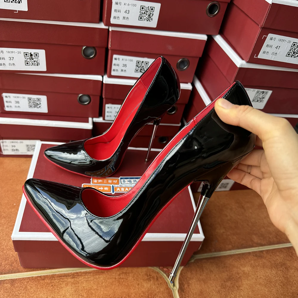 16cm Extreme Metal High Heels Stilettos Sexy Women Solid Black With Red inside Pumps Fetish Model Party Unisex Shoes Size 35-46