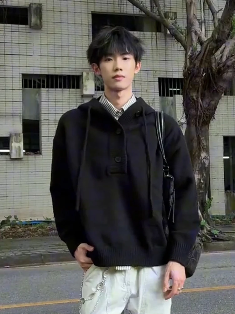 

Мужской вязаный свитер свободного кроя в американском стиле, черный, с полуоткрытым воротом, повседневный, с длинным рукавом, для дома и на выход