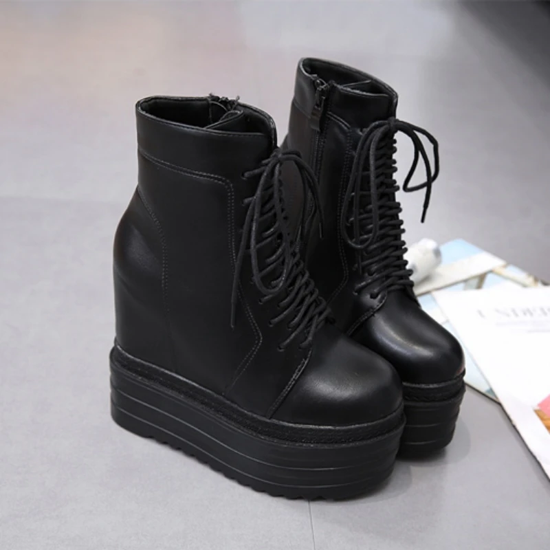 14CM Punk Style Wedges Ankle Boots Black Rubber Sole Shoes Platform Boots Women Lacing Autumn Sexy Lady Platform Heels Sneakers