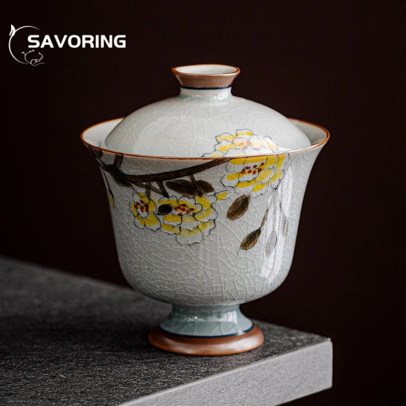 

120ml Pure Hand Painted Wood Fragrant Flower Gaiwan Zen Tea Lid Set Tea Tureen Tea Brewing Cover Bowl Tea Ceremony Collection