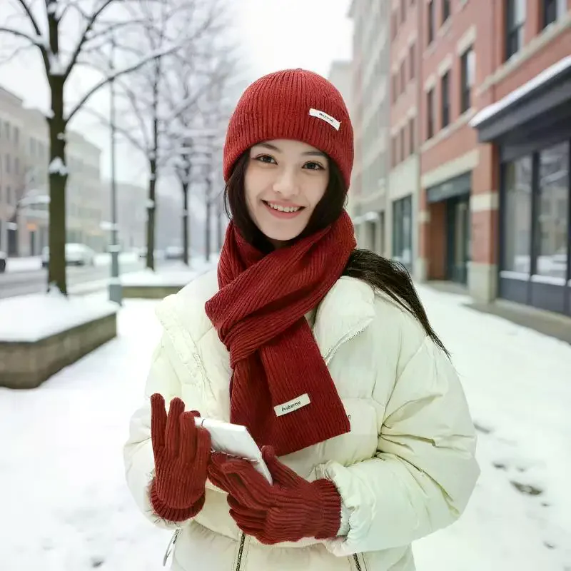 محبوك الشتاء وشاح امرأة بلون قبعة وشاح قفازات المرأة يندبروف الكبار ثلاث قطع مجموعة موضة المرأة وشاح طقم قبعات #1