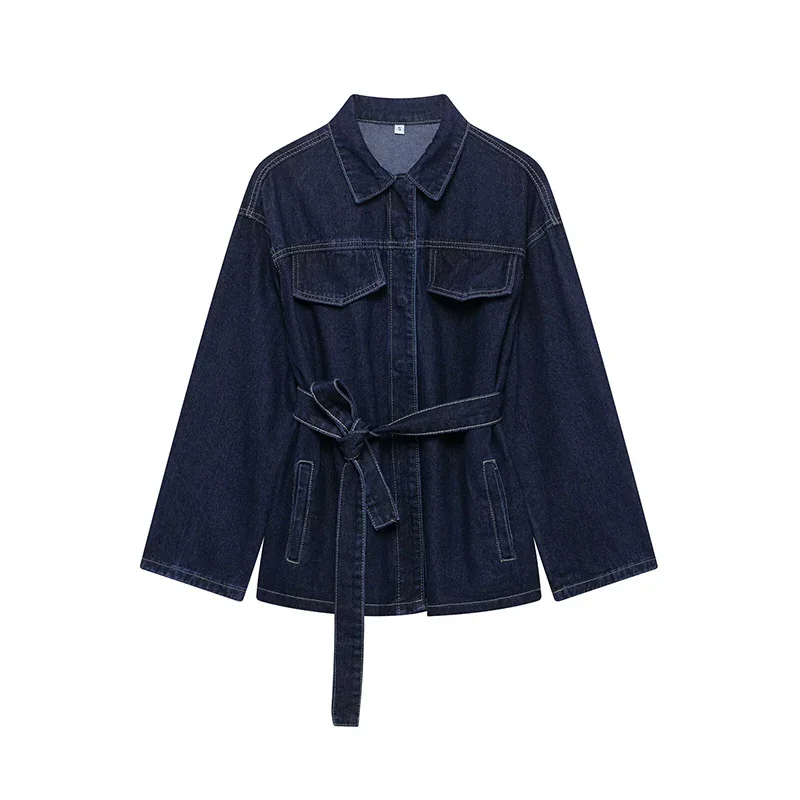 

Women Fashion With Belt Denim Blue Single Breasted Jackets Vintage Lapel Neck Long Sleeves Female Chic Lady Outfits