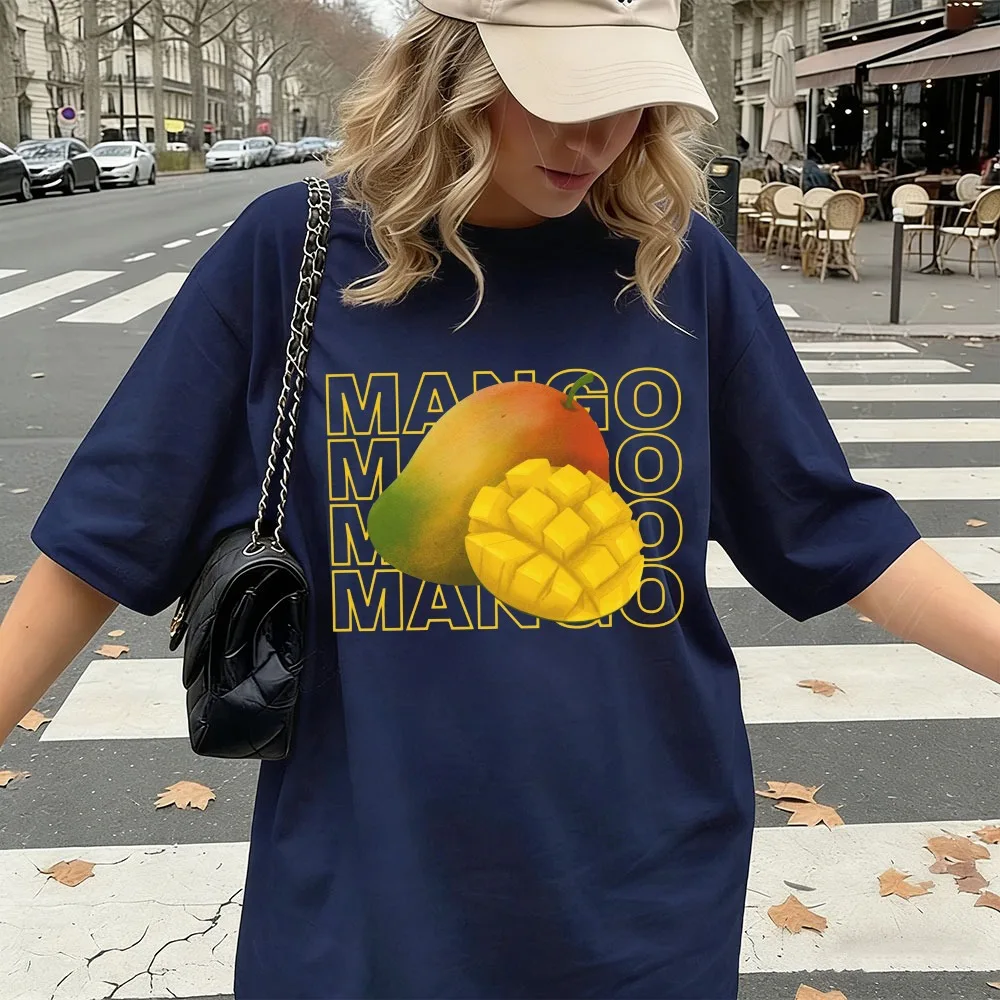 Stacked Mango Text Cubed Fruit Graphic T Shirt Women Bold Line Tropical Print Tee Minimal Trendy Tops Cotton Short Sleeve Tees
