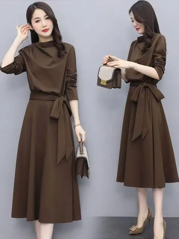 

Весенне-осенний тонкий повседневный костюм с высоким воротником и длинными рукавами, однотонная юбка А-силуэта из полиэстера, приталенный крой, женский костюм