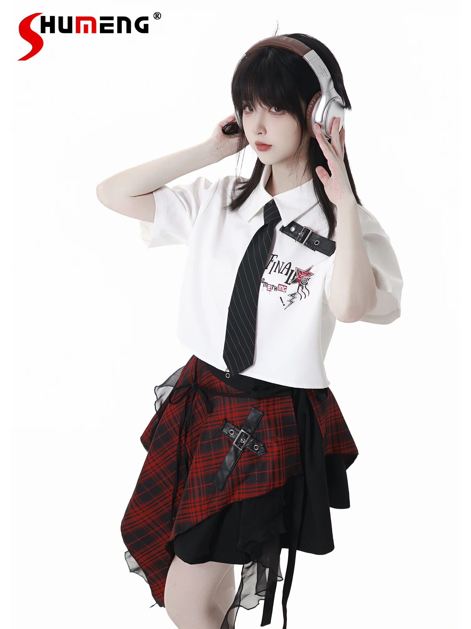 

Japanese Girl's Sweet Cool Skirt Trousers Suit Summer New Short Sleeve Shirt Mini Skirt Plaid Apron Pants Y2k Womens Outfits