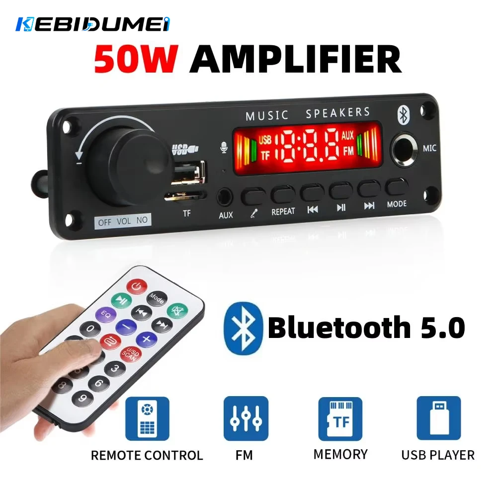 KEBIDUMEI 50W DIY Amplifier Bluetooth Decoder Board 6-18V 6.5mm Microphone FM Radio TF USB Audio Music Player for Speakers Car
