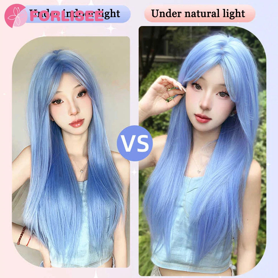 FORLISEE Synthetic Long Straight Lolita Wig with Bangs Wig Girl Cute Ombre Glacier Blue Cosplay Party Halloween Harajuku Wig