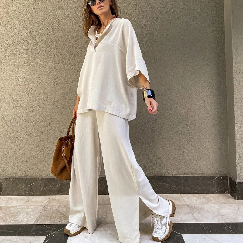 Fashion Casual Suit Three-quarter Sleeves V-neck Pullover High Waist Wide Leg Slit Trousers Two-piece Set For Women