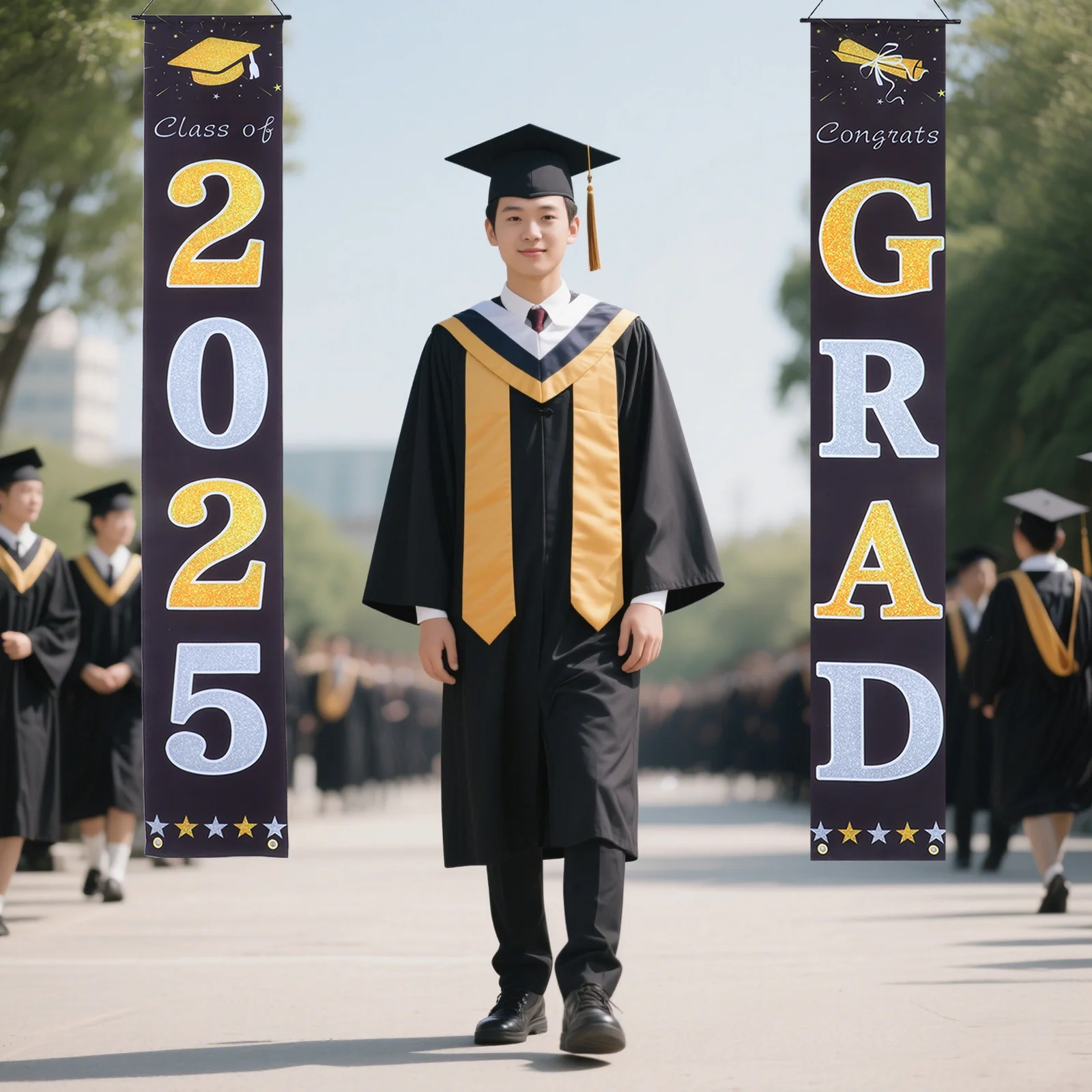 

1Pair Graduation Party Decorations Polyester Banner 2025 Congrats Grad Outdoor Yard Front Door School Campus Sign