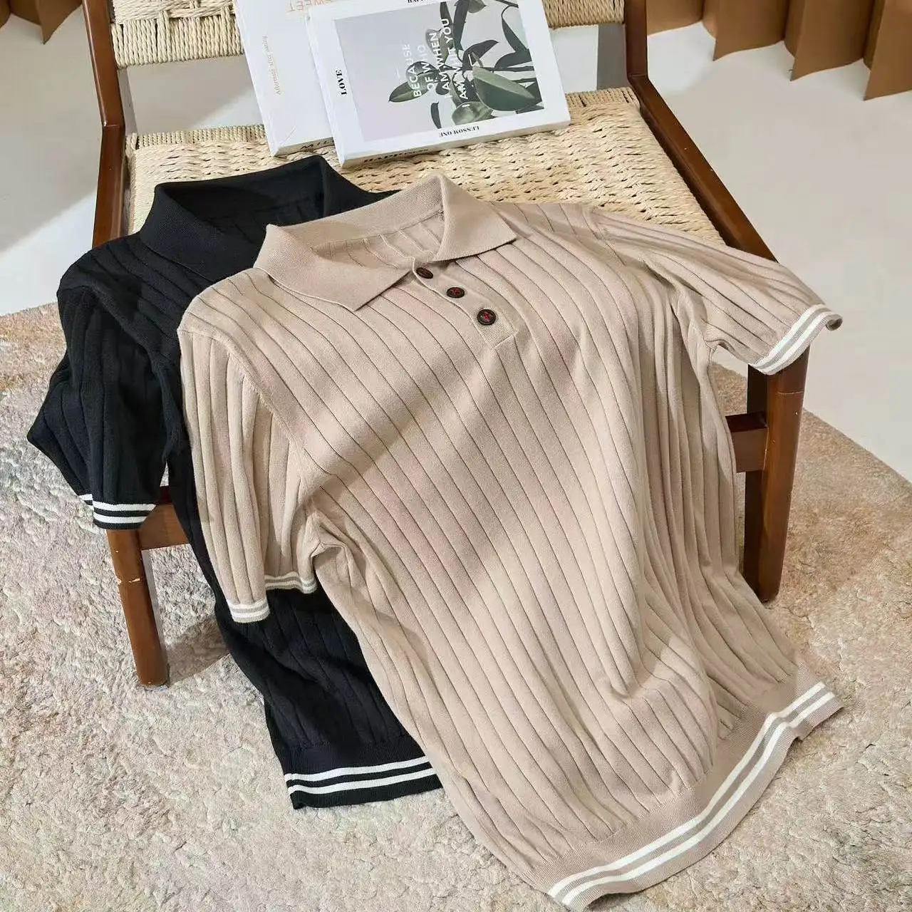 Italy BC casual knitted short-sleeved breathable lapel vertical striped polo shirt