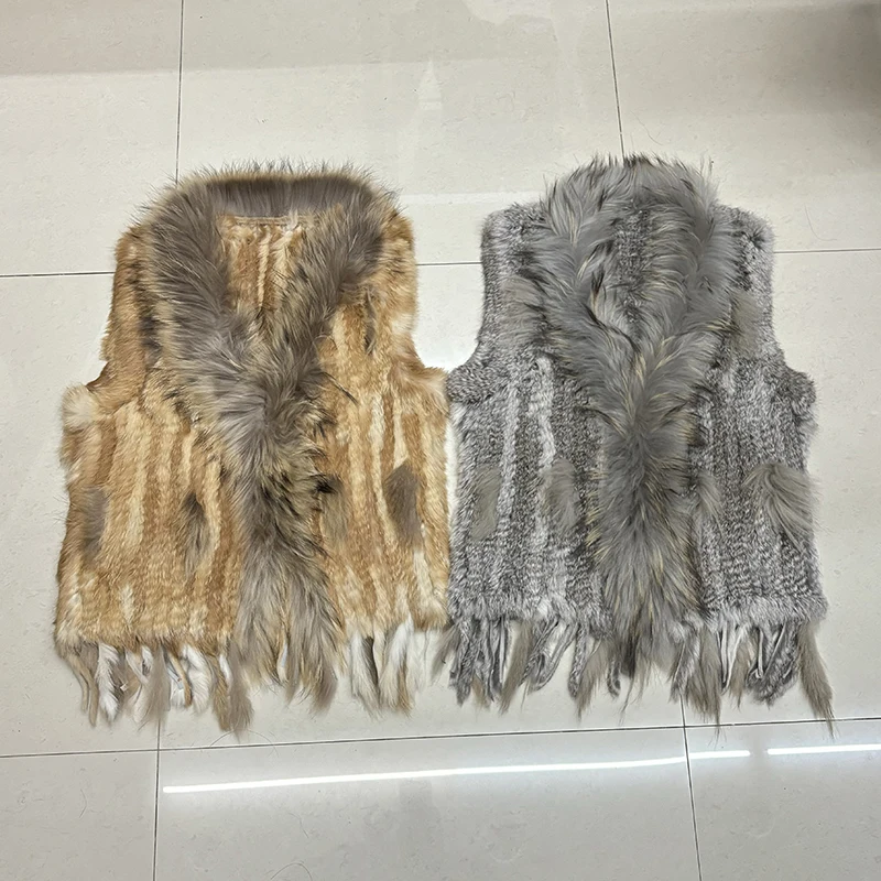 Chicsense จัดส่งฟรีผู้หญิงคุณภาพสูงปุยขนกระต่ายจริงถักเสื้อกั๊ก Raccoon ขนสัตว์ Gilet เสื้อกั๊กเสื้อ