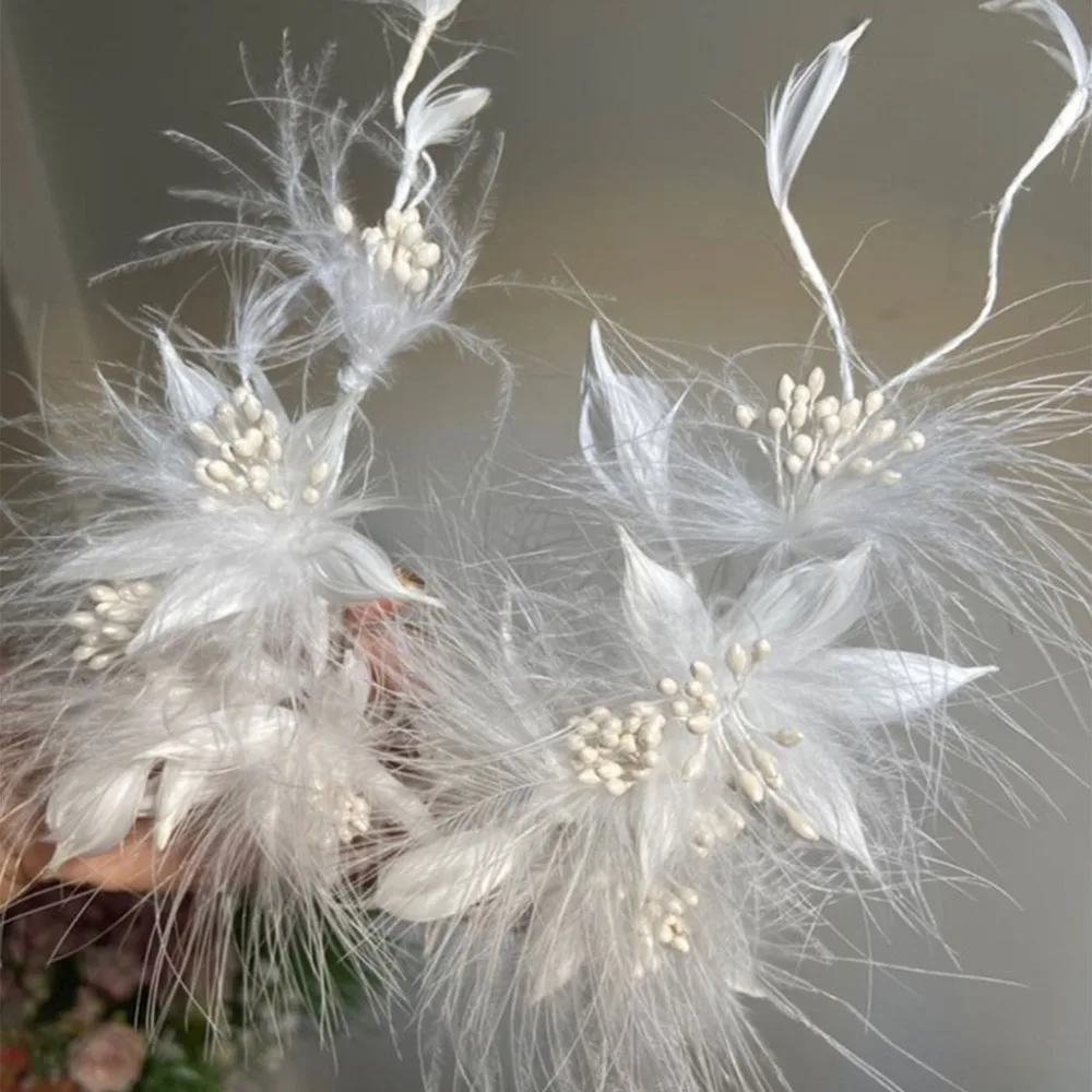 White Flower Feather Hair Clip Exquisite Elegant Bride Wedding Hairpins Korean Style Fairy Photography Headdress