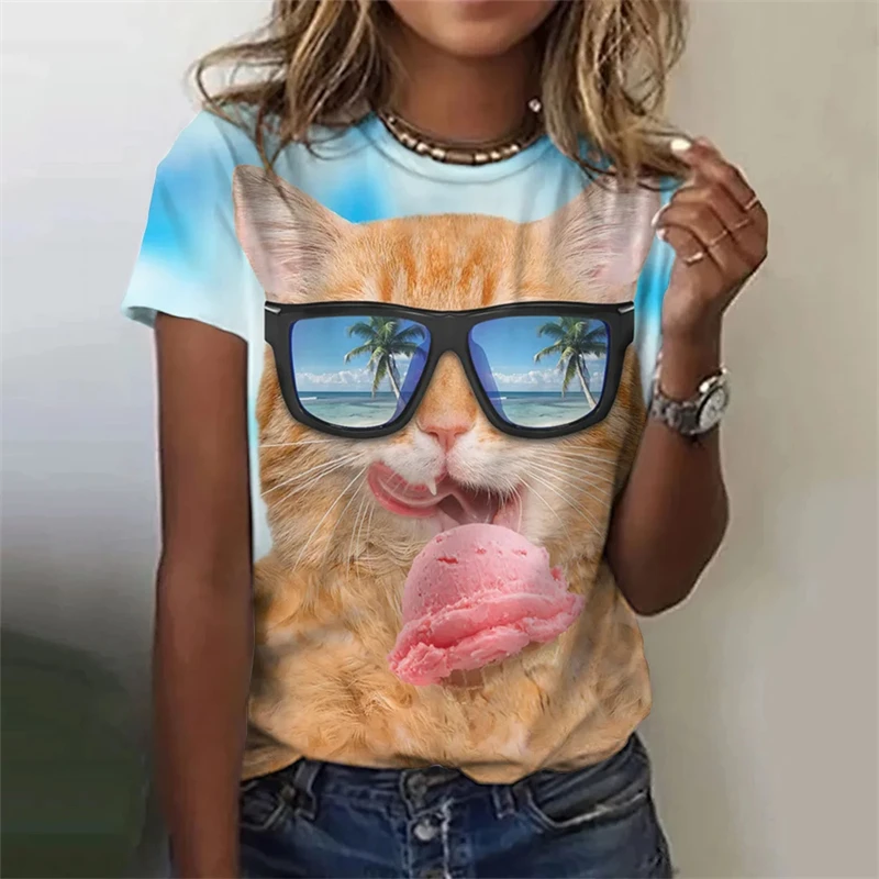 

Новая женская футболка Kawaii с забавным котом и 3D принтом, женская повседневная одежда в стиле Харадзюку, женская мода, футболки с милыми животными и графикой, топы для девочек
