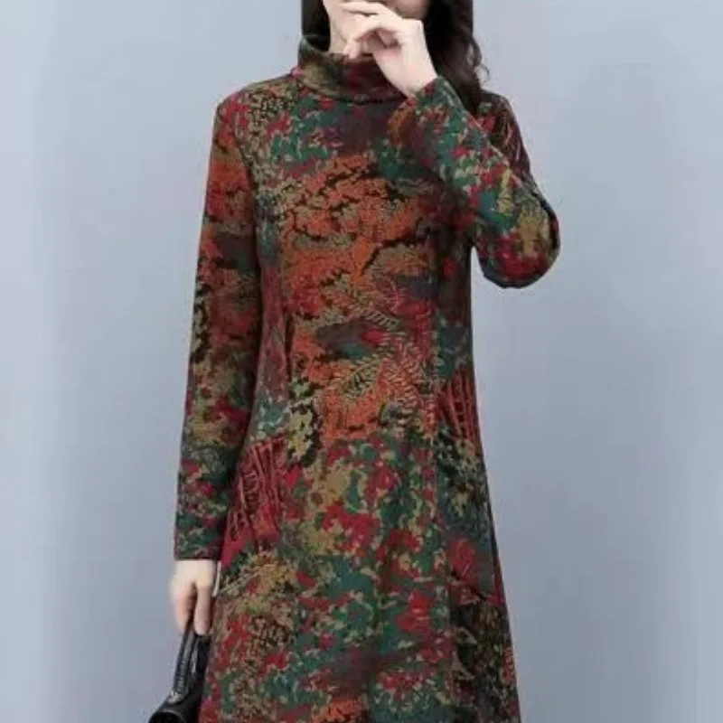 Winter Thick Fashion Women\'s Pullover Stand Neck Vintage Printing Patchwork Pockets Flocking Slim Long Sleeve Midi Dresses