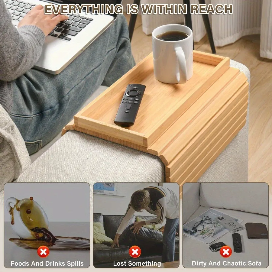 Sofa Arm Tray Table with Cup Holder, Collapsible Bamboo-Style Couch Armrest Tray for Snacks, Phone, Remote & Drinks, Non-Slip So