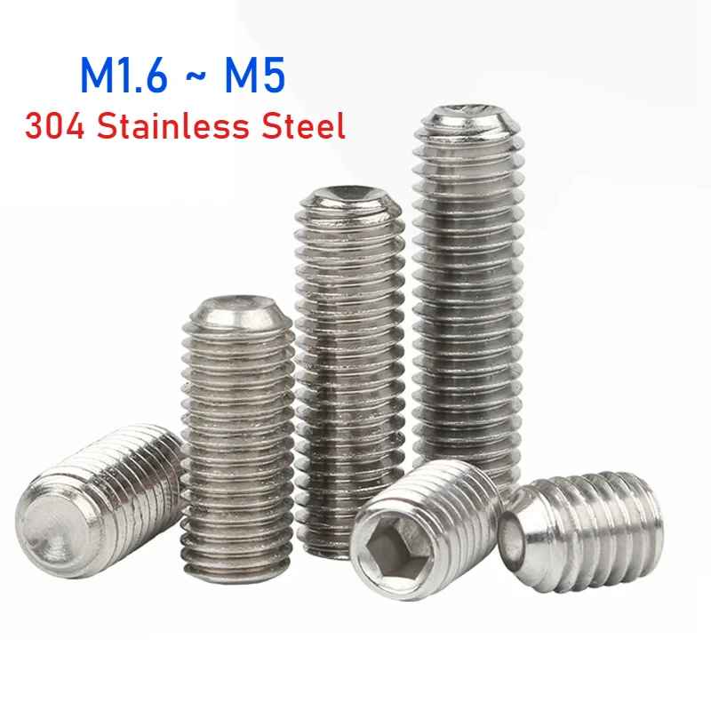 M1.6 M2 M2.5 M3 M4 M5 304 Stainless Steel Hex Socket Set Screws Allen Headless Concave End Grub Bolt