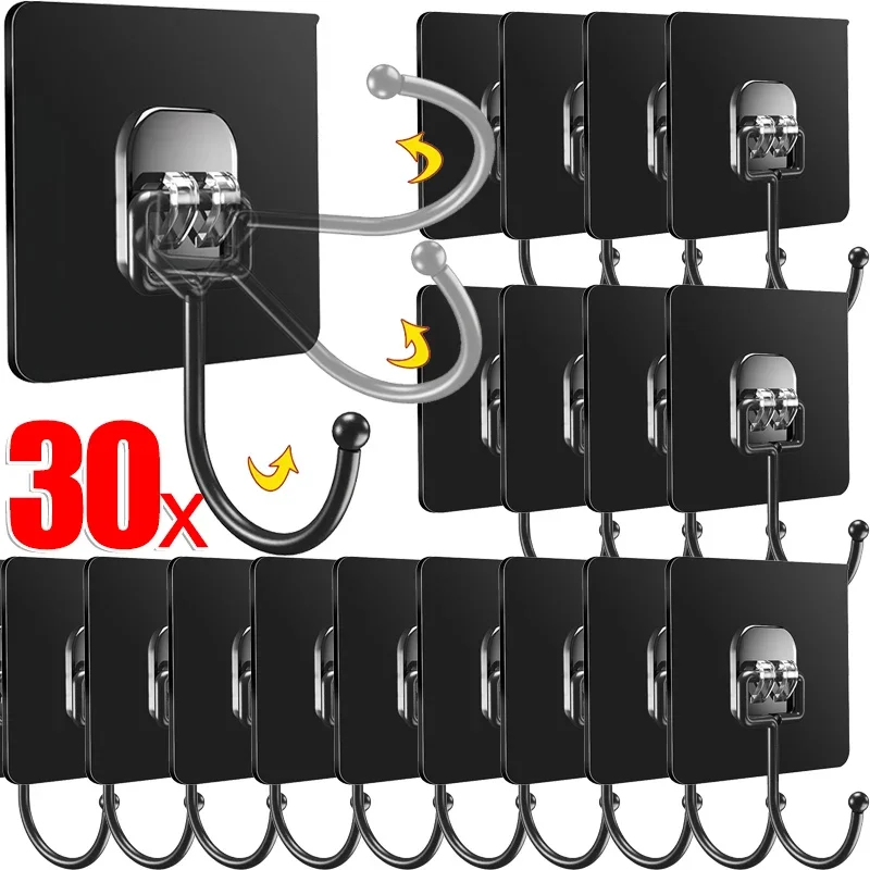 1/30pcs Black Self Adhesive Wall Hooks Heavy Duty Multi-Purpose Hook Keys Towel Holders Kitchen Bathroom Organizer Accessories