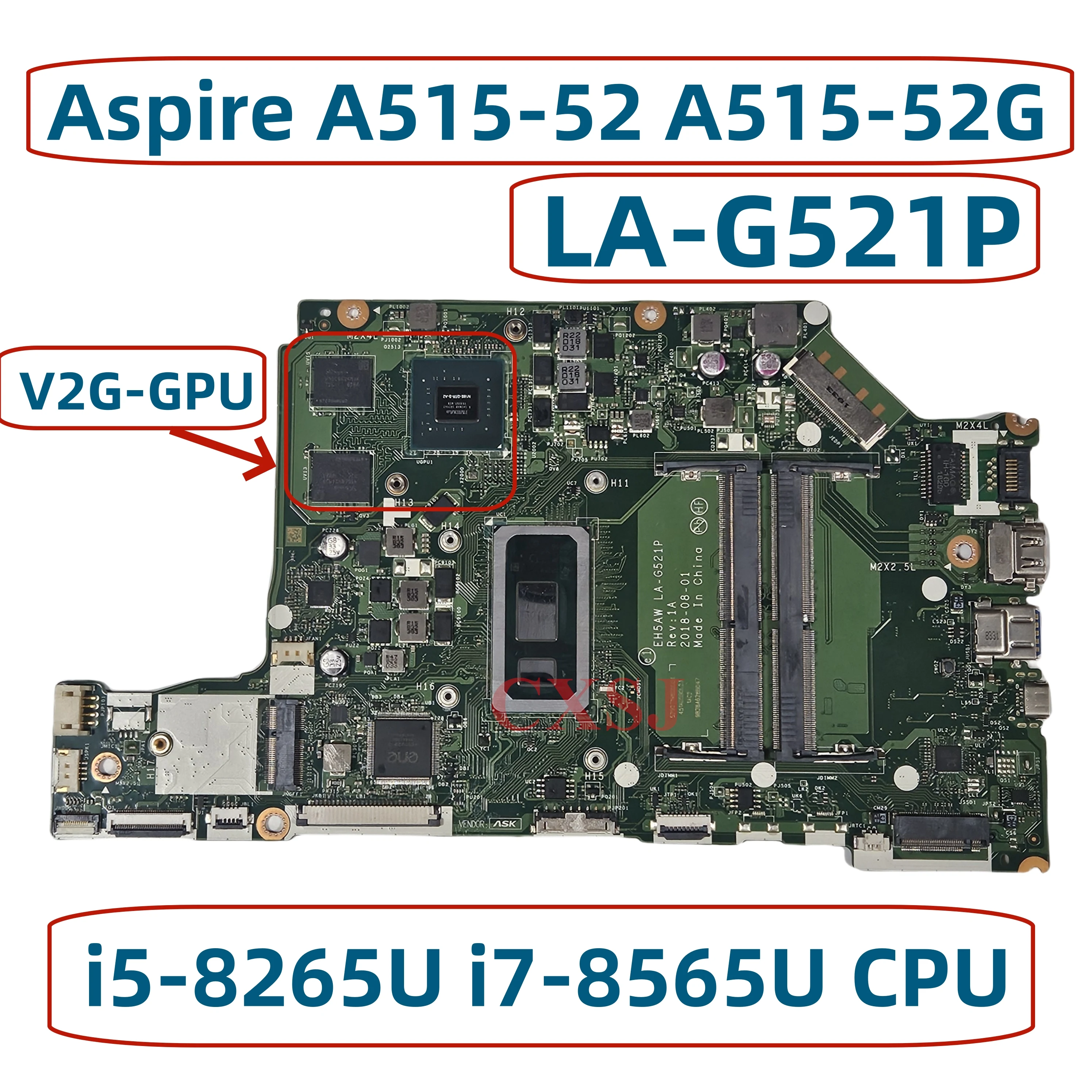 For Acer Aspire A515-52 A515-52G Laptop Motherboard EH5AW LA-G521P With i5-8265U i7-8565U CPU V2G-GPU DDR4 Mainboard