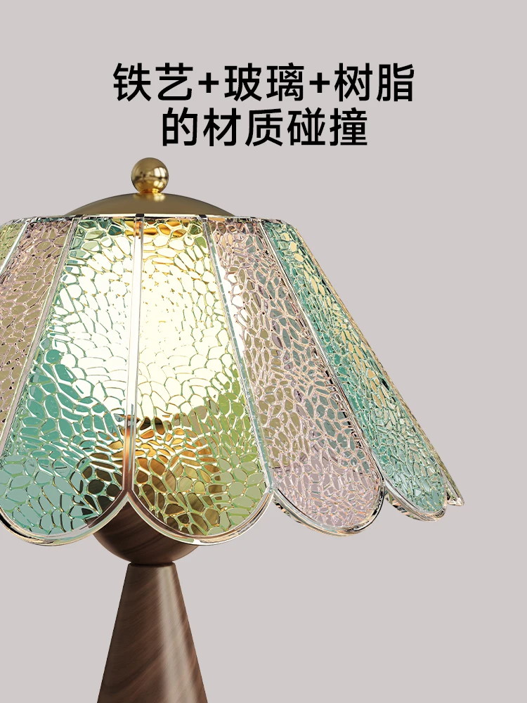 مصباح طاولة فرنسي عتيق - ضوء محيط زجاجي ملون عتيق، ضوء ليلي فاخر مزخرف لغرفة النوم بجانب السرير