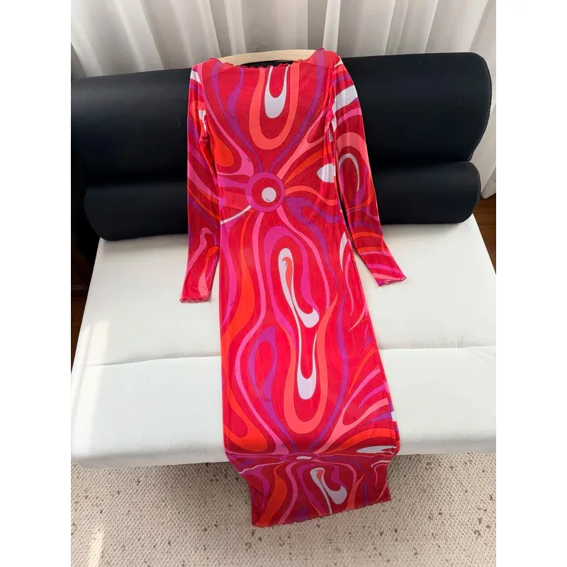 2026 Women Whirlpool Pattern Surrounding Printed Chiffon Translucent Sexy Long Dress