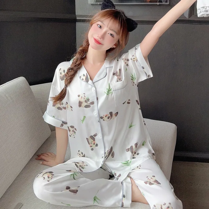 

Ice silk thin section grass panda women's pajamas summer 2025 new short-sleeved long pants lapel girls homewear two-piece set
