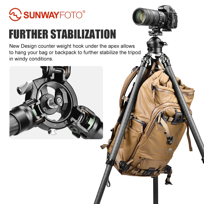 SUNWAYFOTO TL3230CM Trépied en fibre de carbone avec verrous à levier pour extérieur, 32 mm, 3 sections, charge 66 lb (30 kg)