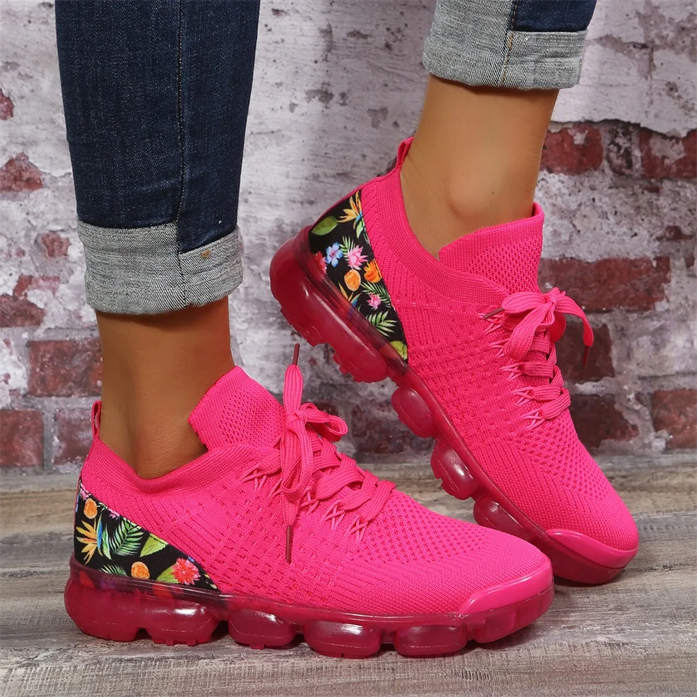 Breathable Sneakers Women 2024 Spring New Floral Mesh Ladies Lace Up Casual Shoes 35-43 Large-Sized Running Walking Jump Flats