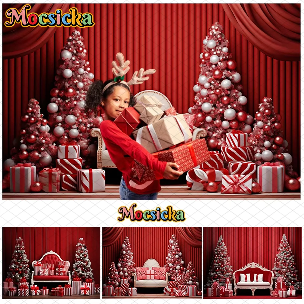 

Mocsicka Christmas Photography Backdrop Red Xmas Tree Gift Sofa Decor Family Kid Holiday Party Photo Background Studio Wallpaper
