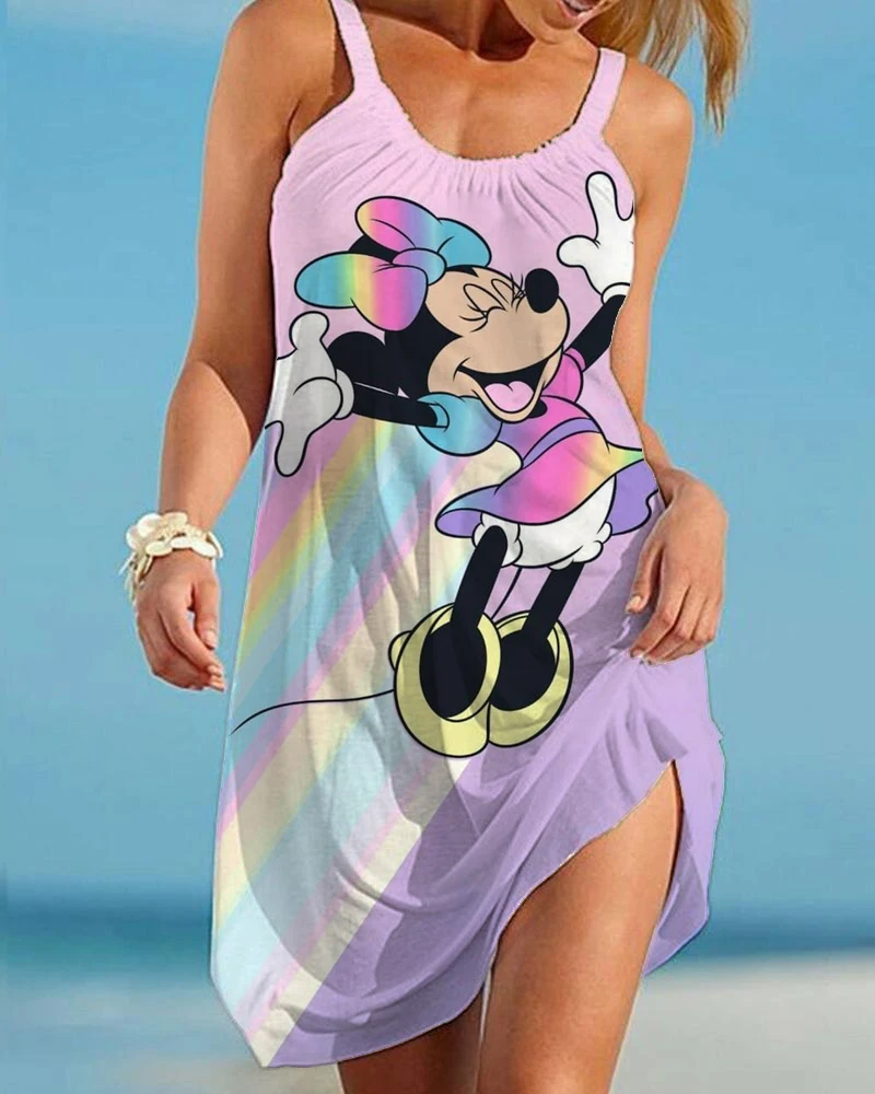 Disney-vestido de Minnie y Mickey Mouse para mujer, traje informal con estampado 3D, sin mangas, cuello Halter, holgado, Kawaii