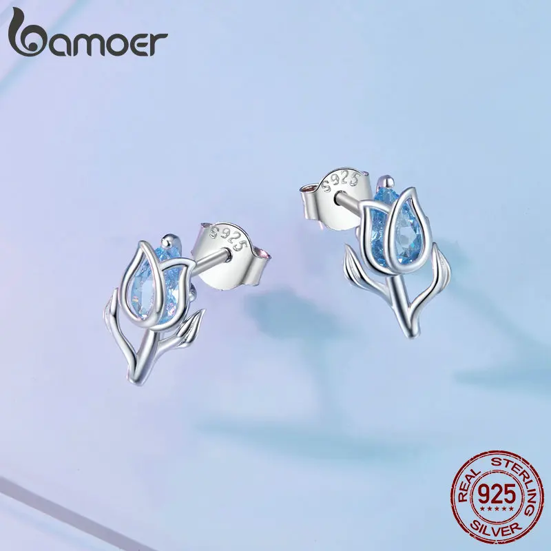 Bamoer 925 Sterling Silver Blue Exquisite Spinel Tulip Earrings Flower Stud Earrings for Women Party Fine Jewelry