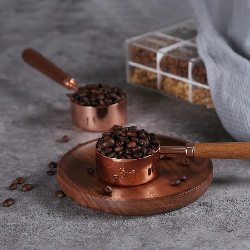 Walnut Wooden Handle Measuring Spoons Plated Copper Rose Gold Engraved Measurements Spoon Kitchen Baking Bartending Tool