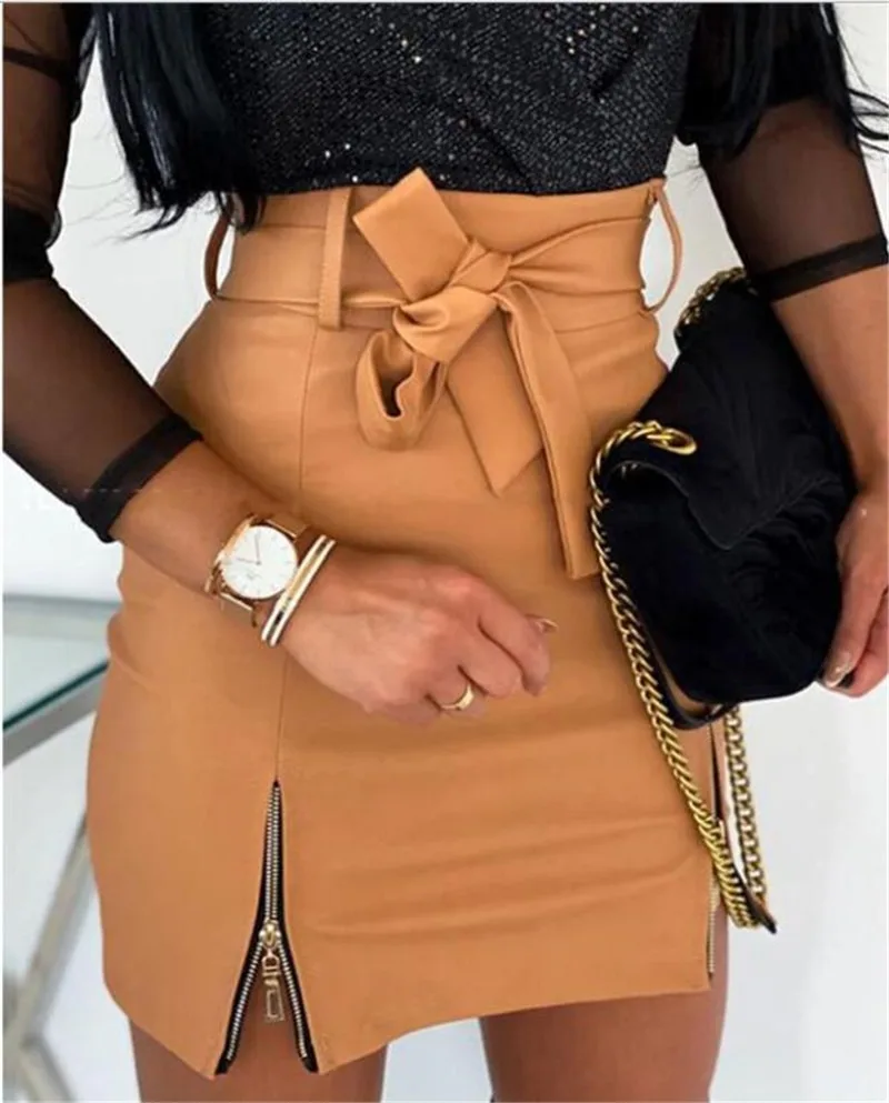 2023 donne Sexy Club gonna a vita alta Casual Lace Up ecopelle corta matita aderente minigonna moda nuova gonna nera solida