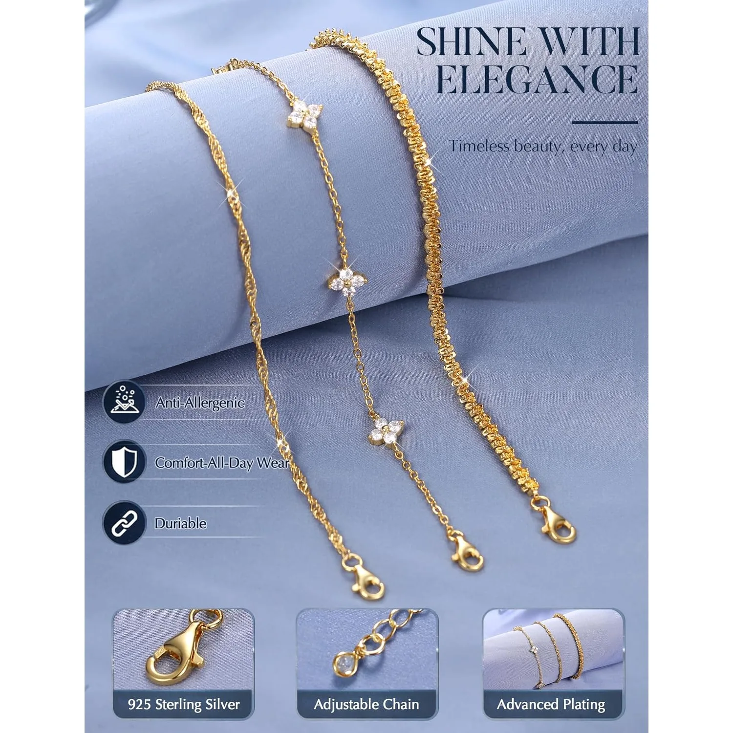 ORAZIO 3 Pcs 925 Sterling Silver Stackable Bracelets for Women, Hypoallergenic Dainty Link Chain Stacking Jewelry Sensitive Skin