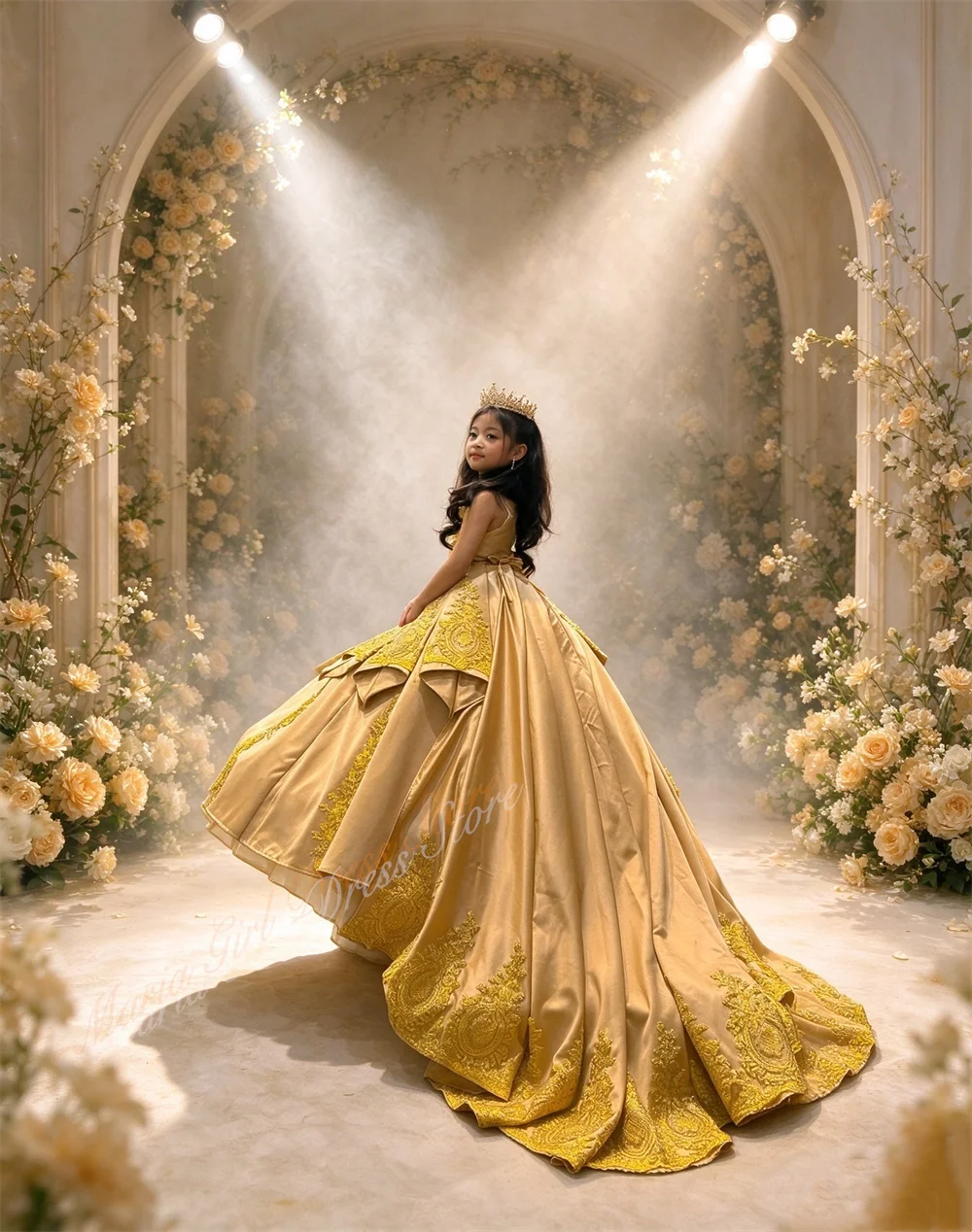 Classic Long Train Fluffy High-waist Design Golden Embroidery Girl's Dress for Weddings Parties and Stage Shows