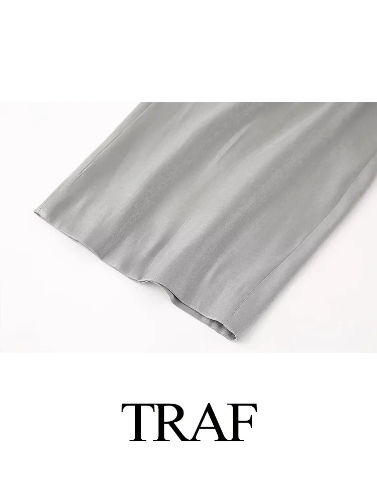 TRAF-Pantalon Surintendant Argenté pour Femme, Taille Haute, Décontracté, Long, Poches, Fermeture Éclair, Chic, Jambes Larges, Nouvelle Mode, Printemps