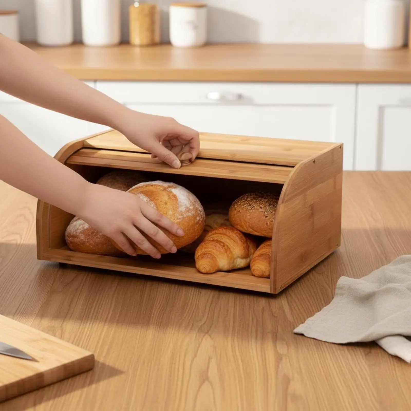 Bamboo Bread Storage Container Large Capacity Countertop Bread Storage Box Kitchen Organizer Portable