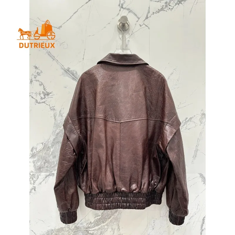 Winter Two-color Optional Waxy Motorcycle Jacket Lapel Mid-length Unisex Style, 100% Genuine Sheepskin Versatile Fashion Coat