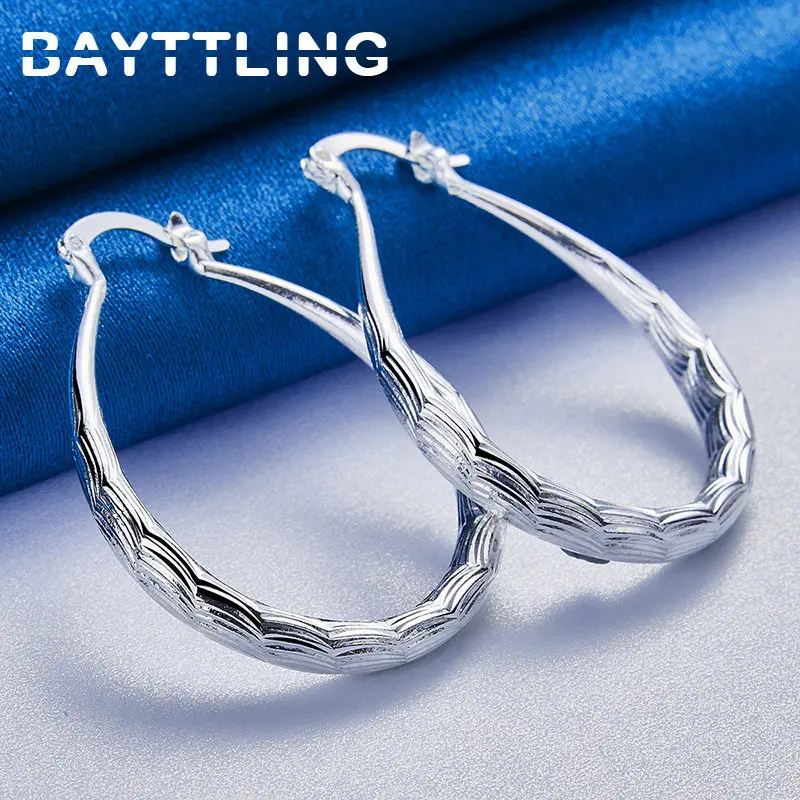 S925 Sterling Silver Fine 30MM U Moon Texture Hoop Earrings For Women Hip Hop Punk Charm Wedding Gift Fashion Jewelry