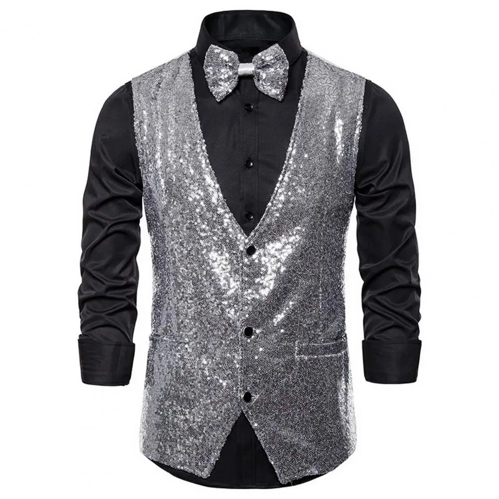 Men Vest Bow Decor Shiny Sequin Sleeveless Slim Fit Waistcoat Single-breasted V Neck Blazer Waistcoat Night Club Suit Vest