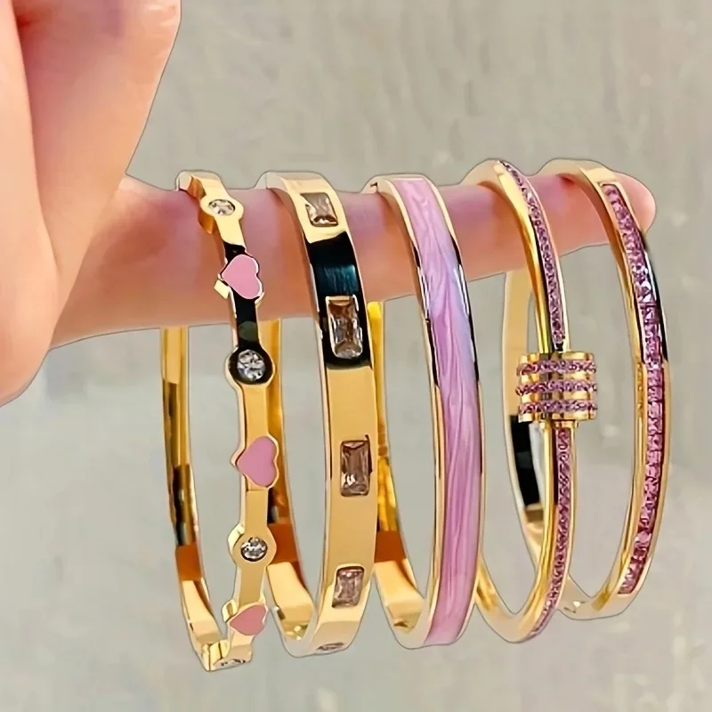 

Stackable Gold Color Bangle Bracelet Set for Women - 18K Gold Plated Stainless Steel Pink Crystal Love Heart Bracelet Jewelry