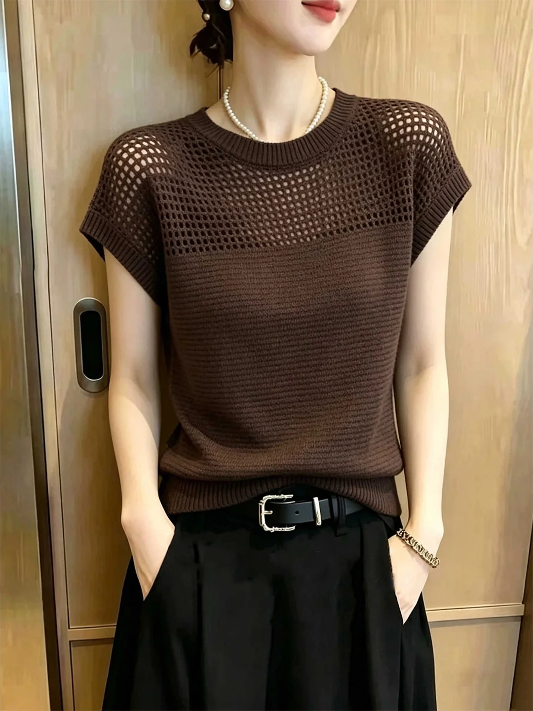 Retro Versatile Ice Silk Knitted Top Hollow out Short Sleeve Soft Comfortable Summer Design Loose Fit Korean Style Women's Fa...