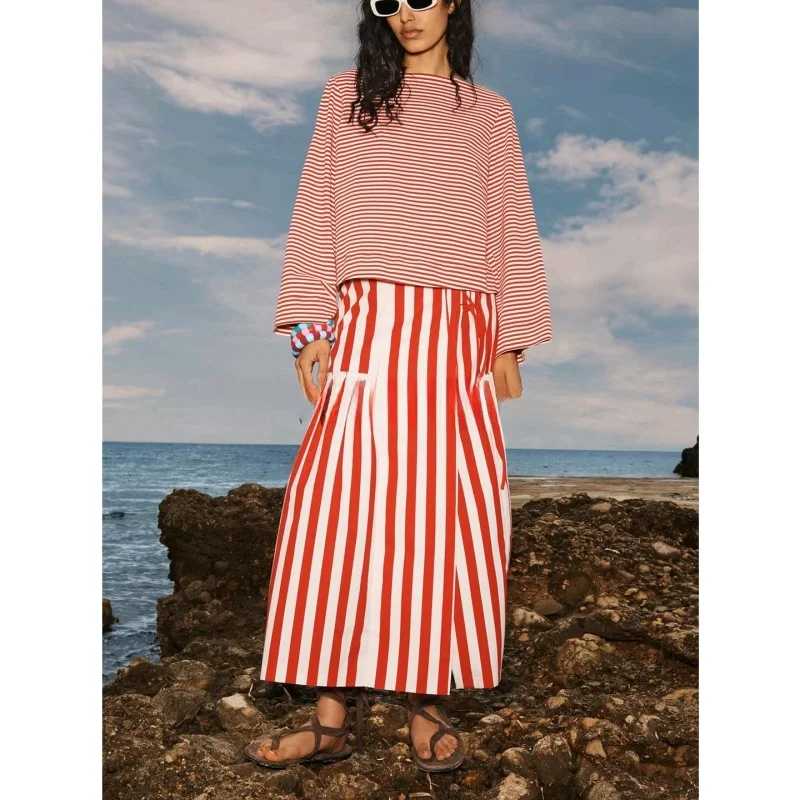 Jupe mi-longue en gaze de coton pour femmes, nouvelle collection d'été, nœud décoratif rayé, ligne a, taille haute, jupe longue pour les déplacements