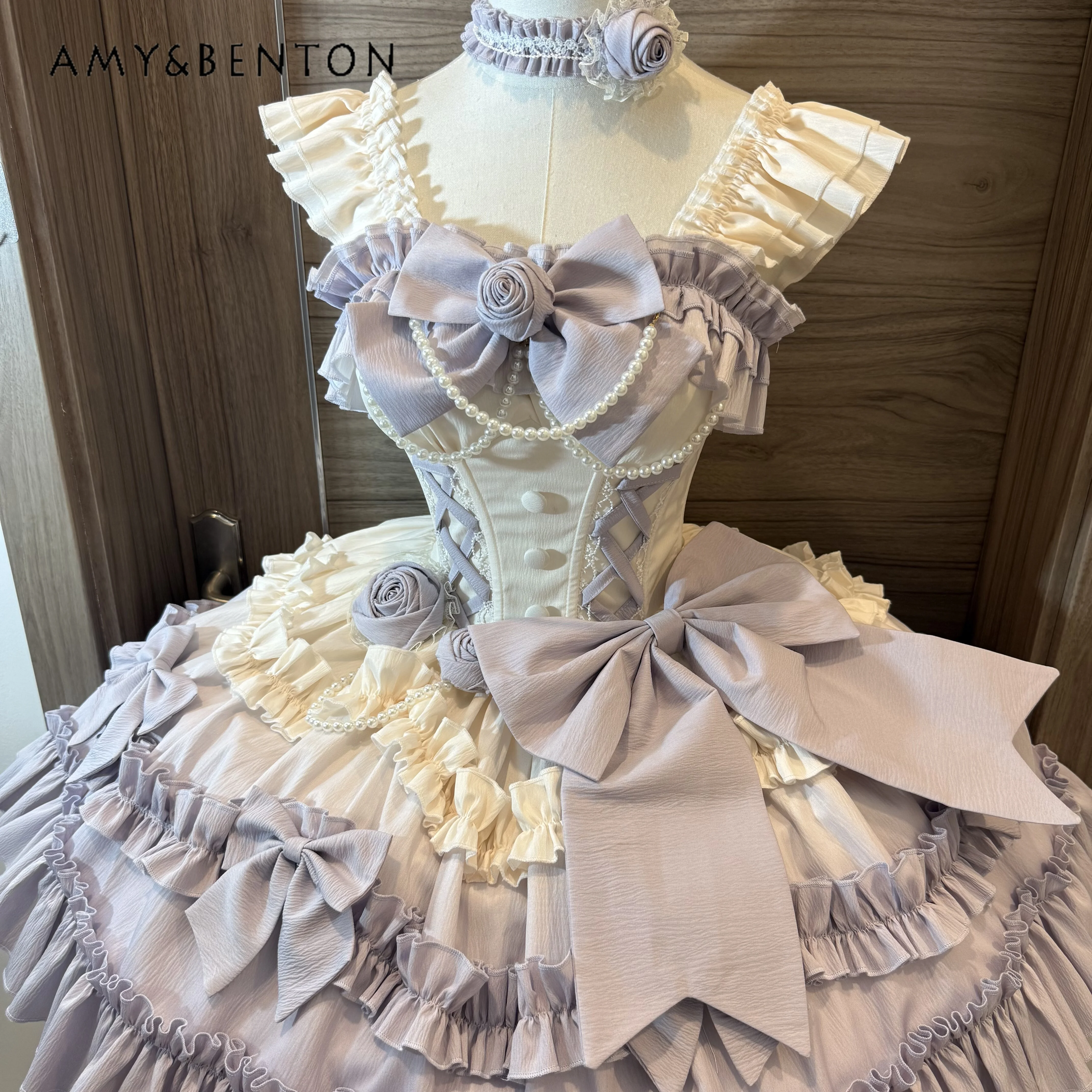 

Summer New Hot Sale Gradient Purple Flutter Sleeve Waist-Cinching Bow Dress Party Coming-of-Age Ceremony Mint Blue Lolita Dress