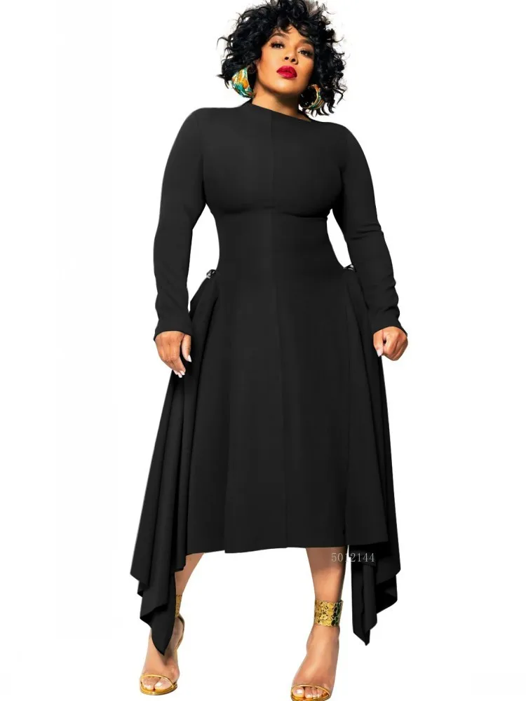 

L-4XL осенне-зимняя африканская одежда, платье с длинными рукавами, африканские платья для женщин, сексуальное тонкое офисное женское вечернее платье с круглым вырезом