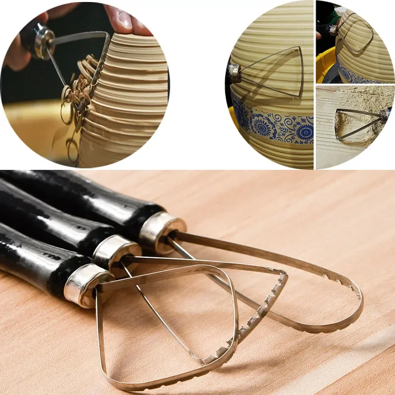 Cerâmica serrilhada anel Repair Tool, três peças de madeira Handle, aço inoxidável cabeça redonda, argila escultura textura, cerâmica suprimentos