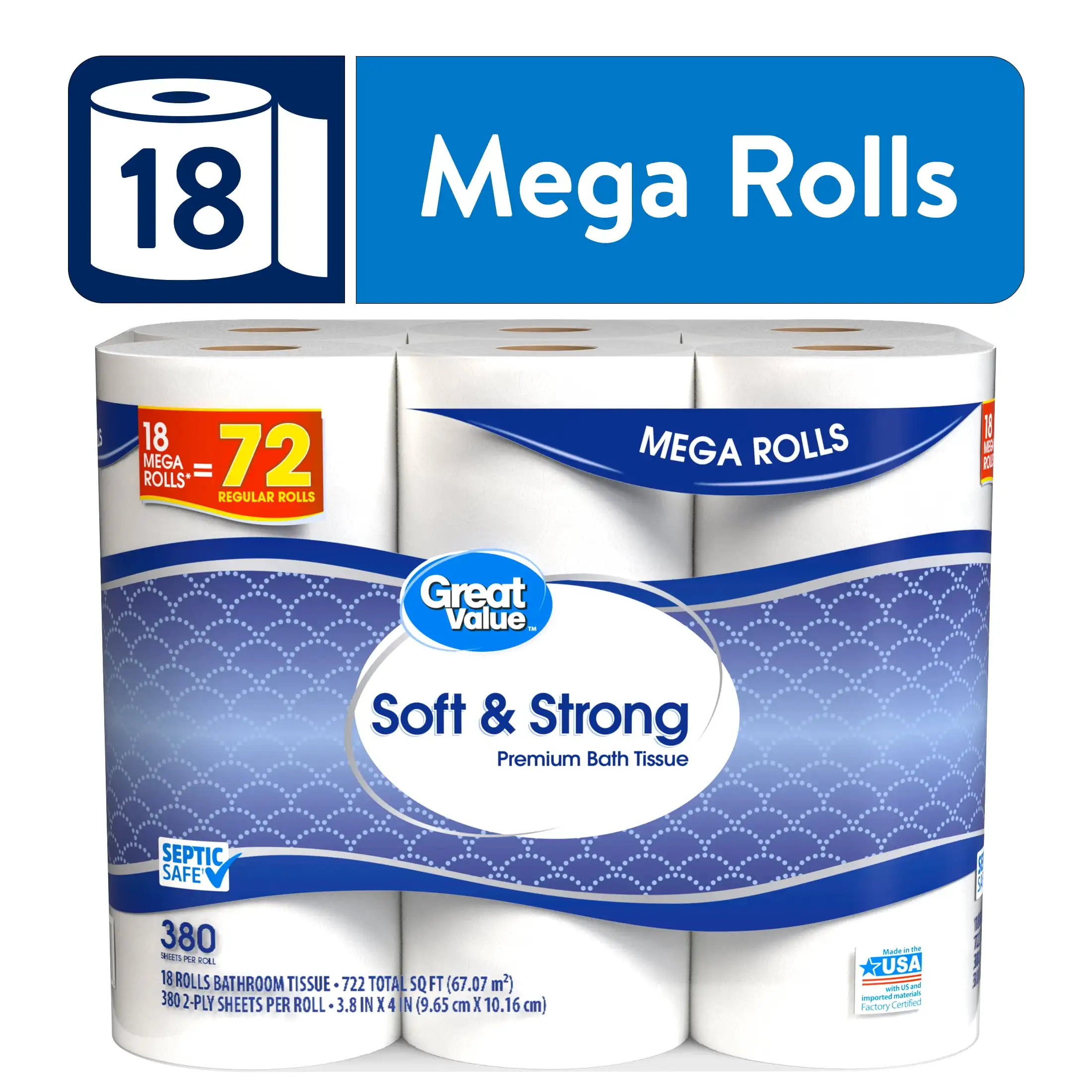 

Soft Strong Premium Toilet Paper 18 Mega Rolls Perfect Combination of Strength and Softness Safe for Standard Septic Systems