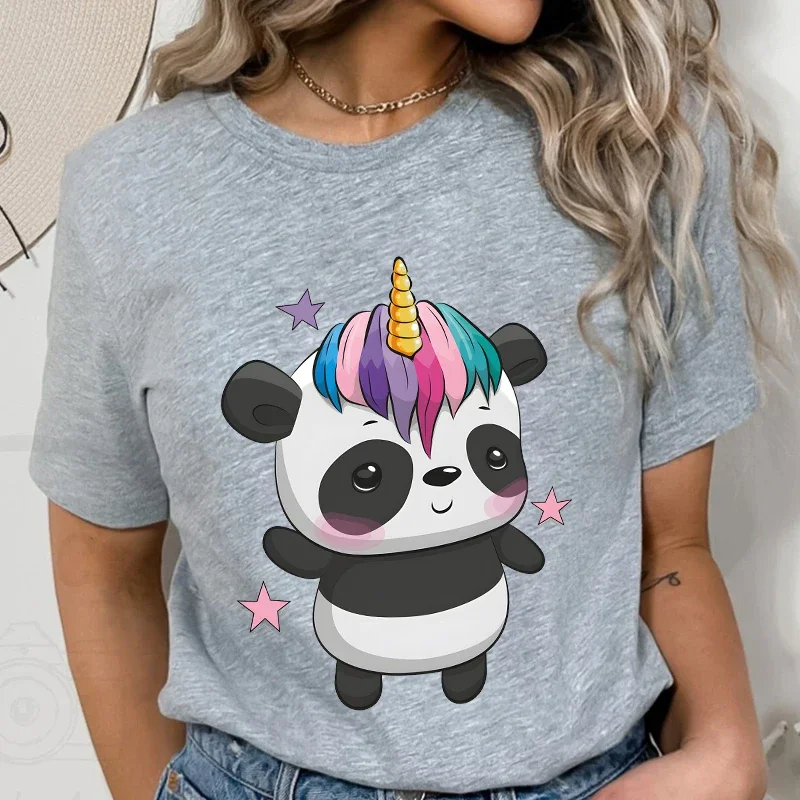 Cute Panda Cartoon Graphic Female T-shirt Print Short Sleeve Tees Summer Clothes Women Aesthetic Clothing Fashion Basic Tops