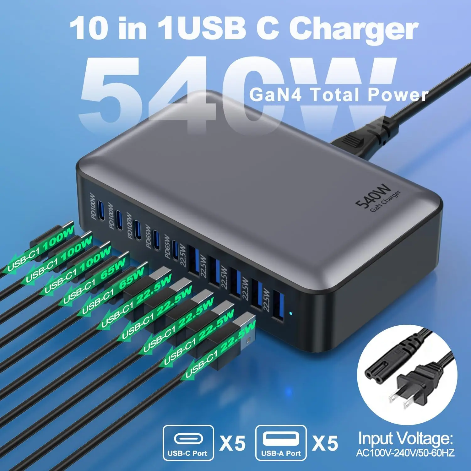 

540W 10-port fast charging station type-c charger Multi-port USB mobile phone charger Convenient charger Home Office Travel